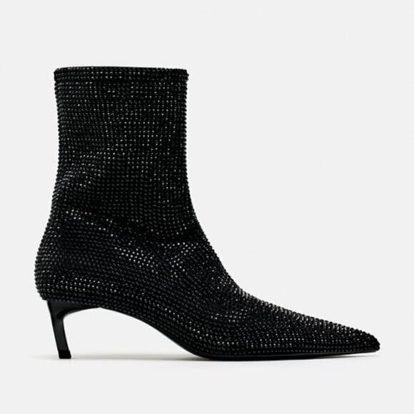 ZARA Black Pointed Toe Rhinestone Ankle Boots NWT – Size 6.5 & 8 - Picture 15 of 16